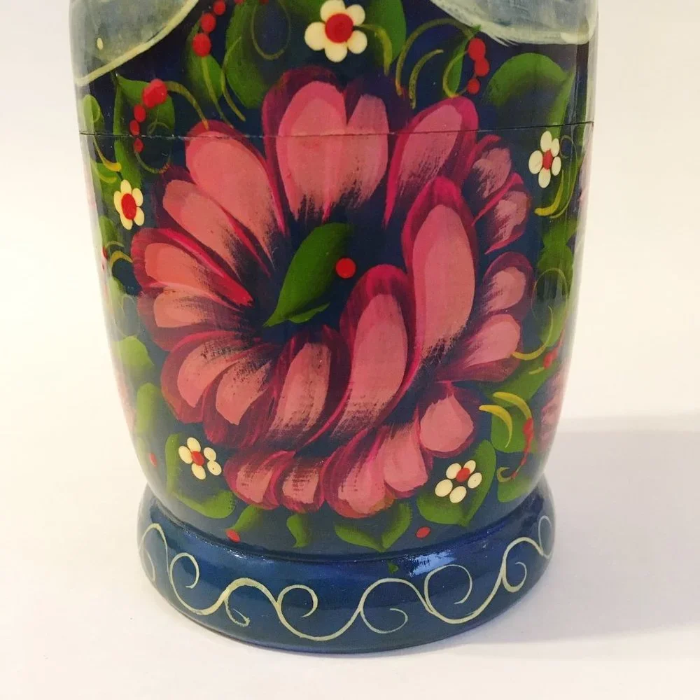 5 Piece Nesting Dolls Hand Painted Wood Flowers Vintage Collectible 7.5